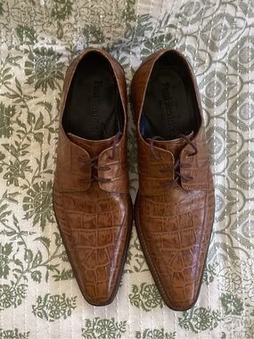 Paul Fredrick Cognac Brown Croc-Embossed Leather Lace-Up Oxfords
